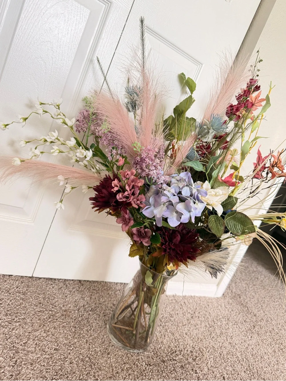 Hand Crafted Mixed Faux Floral Bouquet in Pink, Blue, Burgundy & Cream
